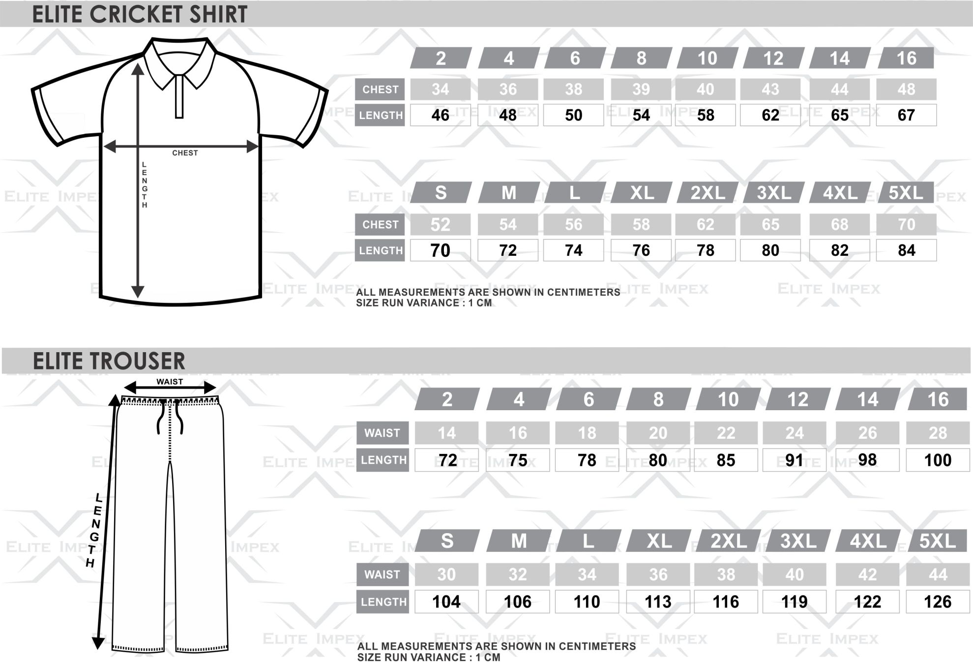 Cricket Kit size chart